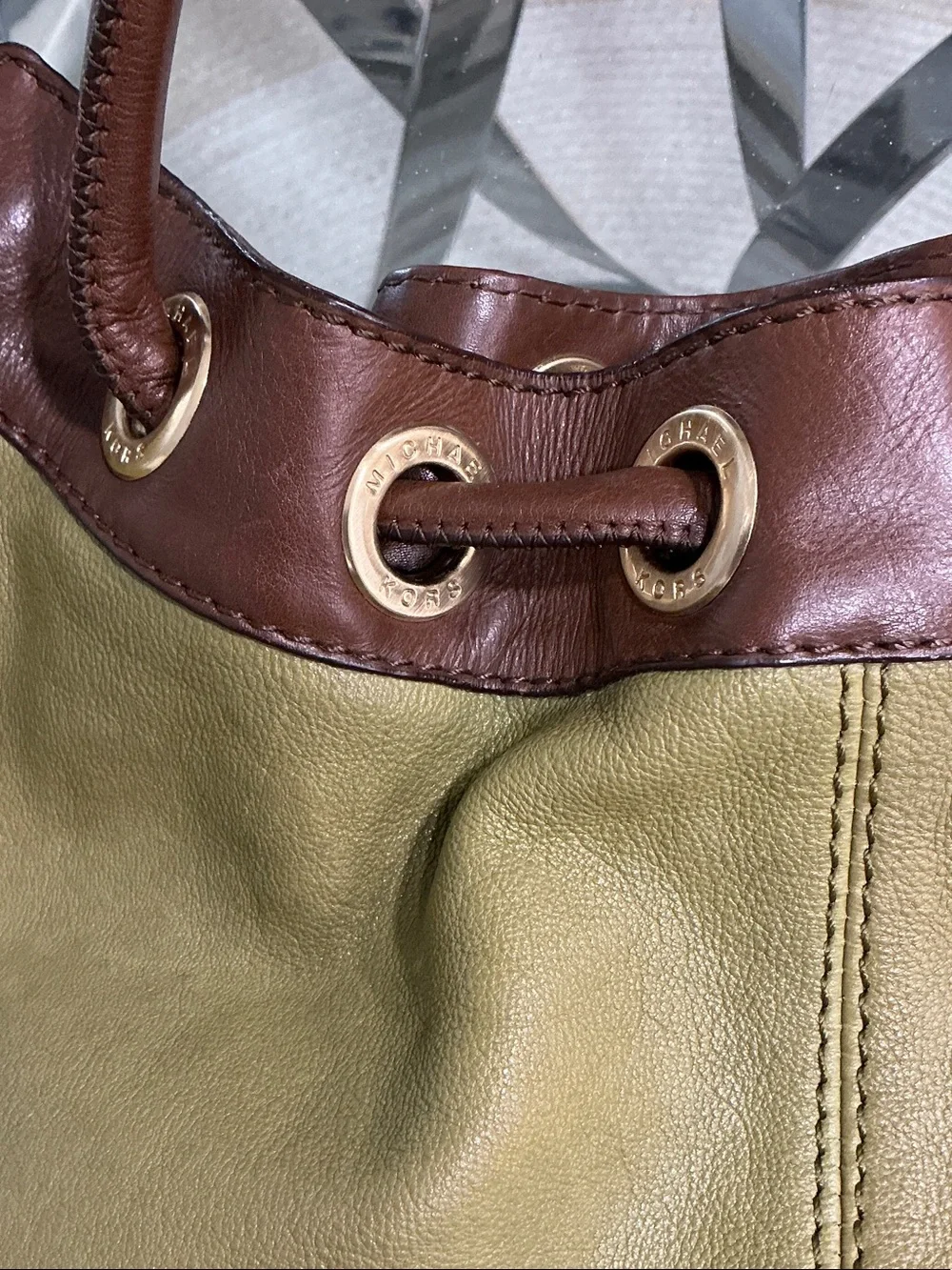 Michael Kors Olive and Brown Drawstring Shoulder Tote